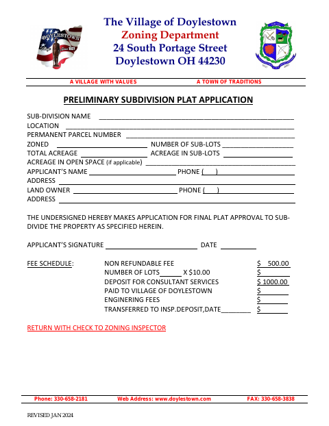 First page of the Preliminary Subdivision Plat Application