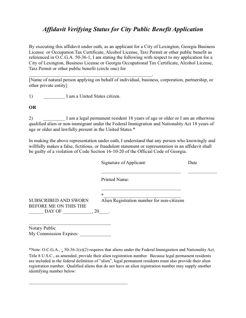 First page of the Affidavit Verifying Status for City Public Benefit Application