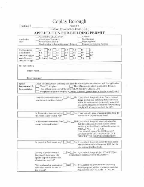 First page of the Uniform Construction Code Building Permit Application