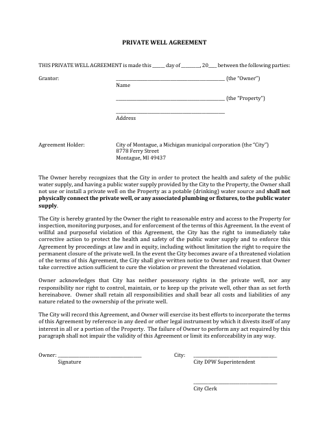First page of the Private Well Agreement