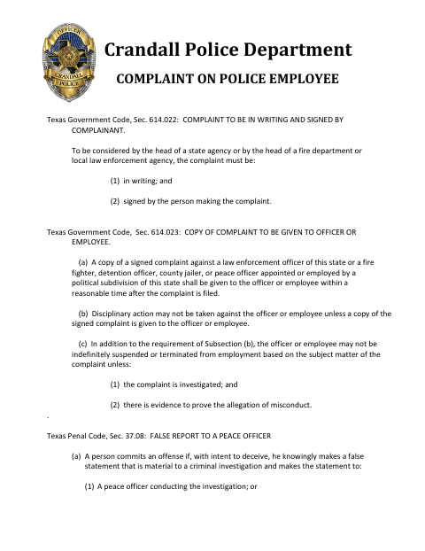 First page of the Complaint On Police Employee