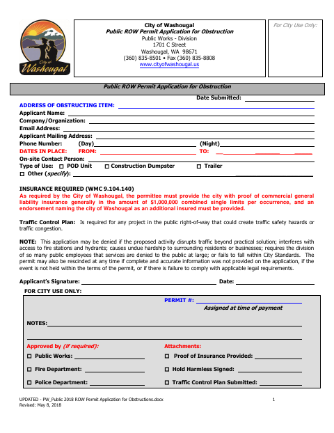 First page of the Public Right-of-Way Permit Application for Obstruction