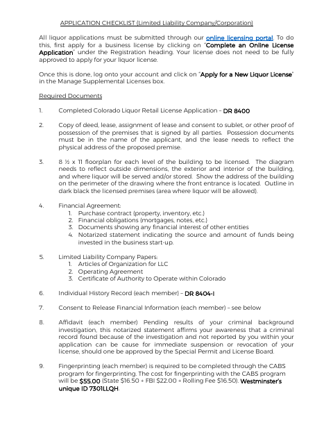 First page of the LLC and Corporation Liquor License Checklist