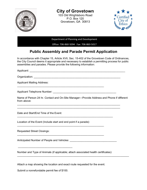 First page of the Public Assembly and Parade Permit Application