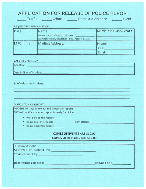 First page of the Police Report Release Request Form