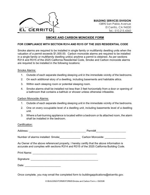 First page of the Smoke and Carbon Monoxide Form