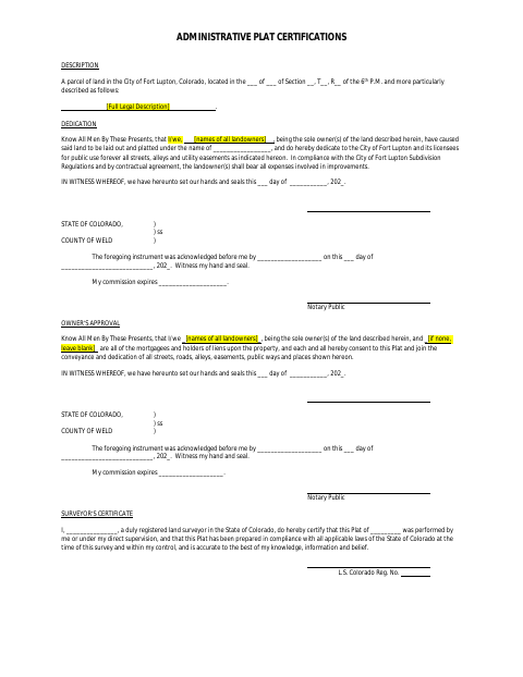 First page of the Administrative Plat Certifications