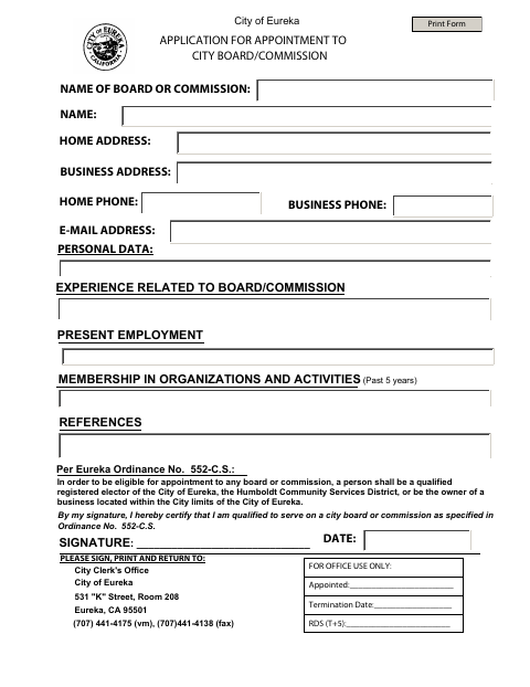 First page of the Application for Appointment to City Board or Commission