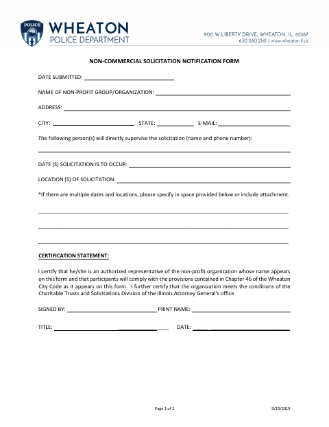 First page of the Non-Commercial Solicitation Notification Form
