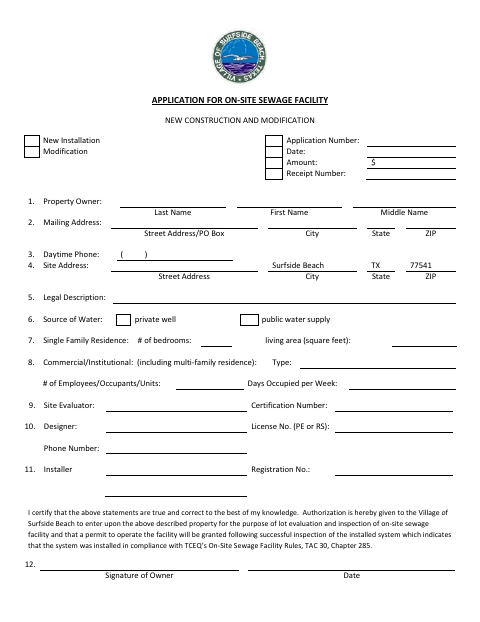 First page of the Application for On-Site Sewage Facility New Construction and Modification