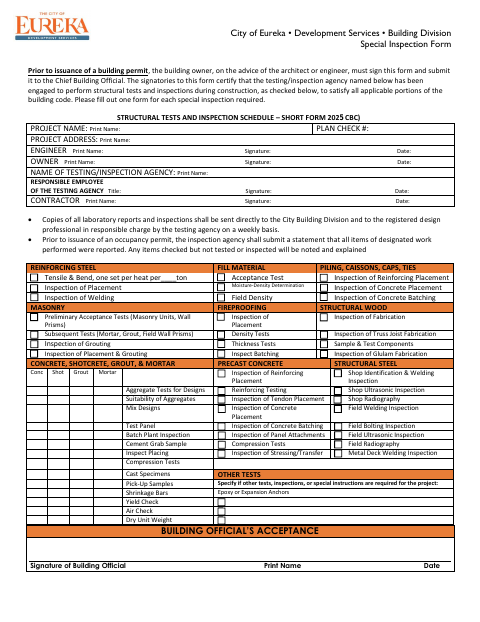 First page of the Special Inspection Form