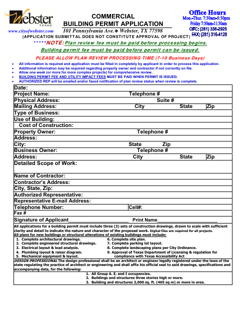 First page of the Commercial Building Permit Application