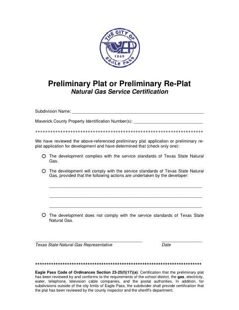 First page of the Natural Gas Service Certification