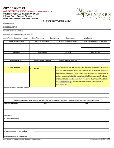 First page of the One Day Special Event Business License Application