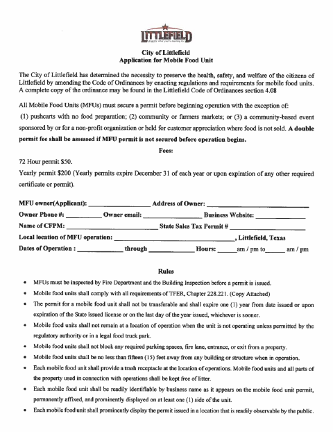 First page of the Mobile Food Unit Application