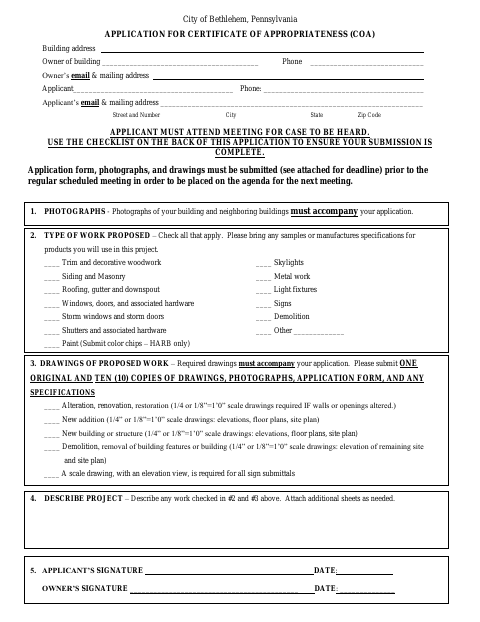 First page of the Application for Certificate of Appropriateness (HARB/HCC)