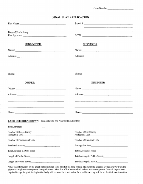 First page of the Final Plat Application