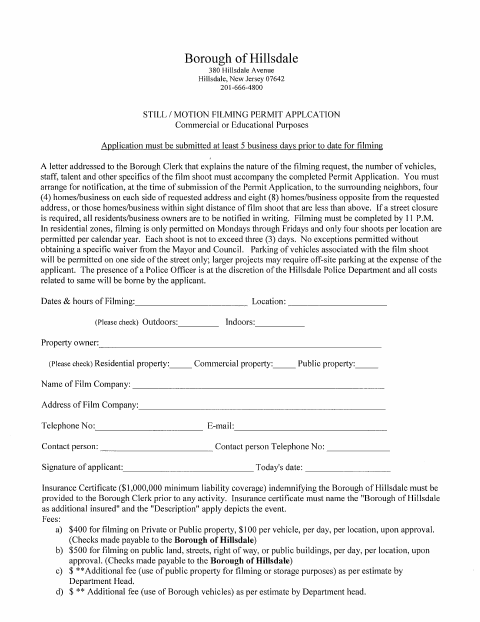 First page of the Still / Motion Filming Permit Application