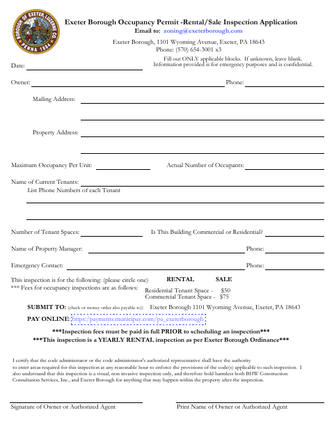 First page of the Occupancy Permit Rental/Sale Inspection Application