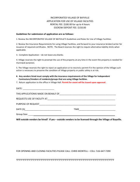 First page of the Application for Use of Village Facilities