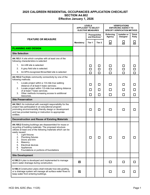 First page of the 2025 CALGreen Residential Occupancies Application Checklist