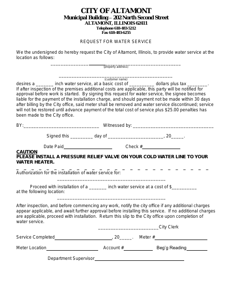 First page of the Request for Water Service