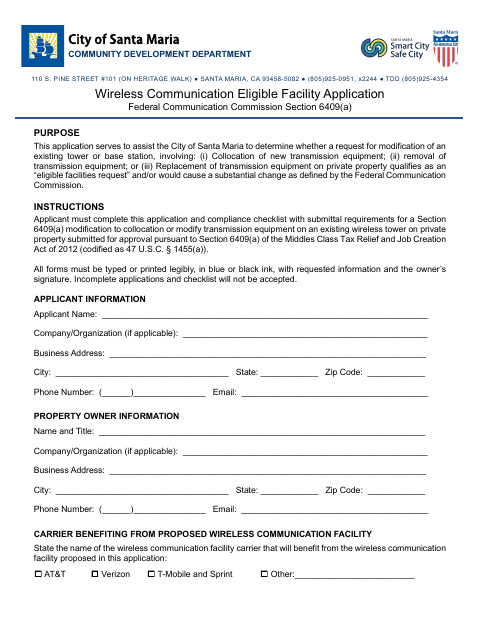 First page of the Wireless Communication Eligible Facility Application