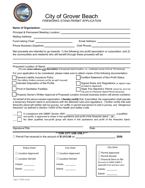 First page of the Fireworks Stand Permit Application