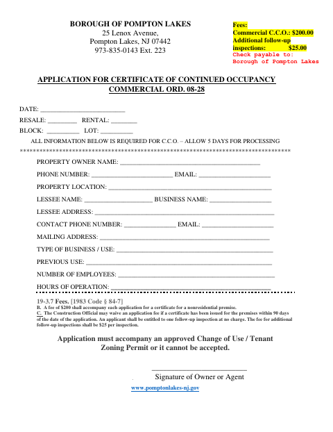 First page of the Application for Certificate of Continued Occupancy Commercial