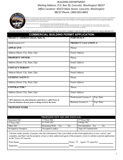 First page of the Commercial Building Permit Application