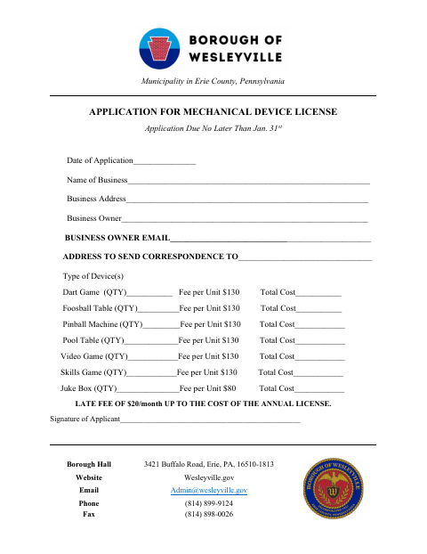 First page of the Application for Mechanical Device License