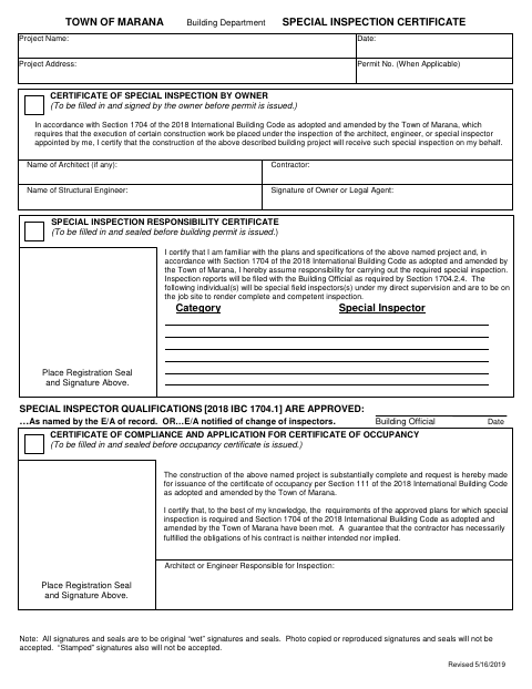 First page of the Special Inspection Certificate