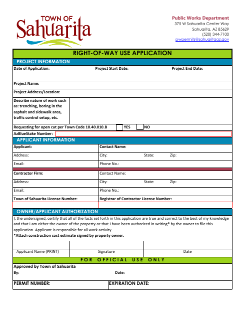 First page of the Right-of-Way Use Application