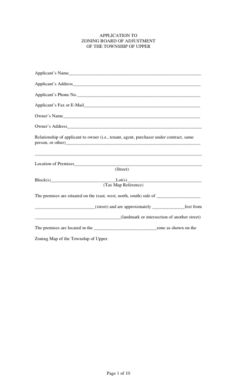 First page of the Zoning Board of Adjustment Application