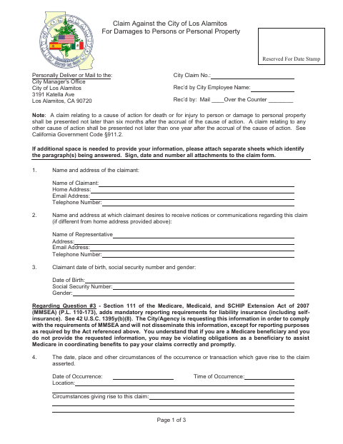 First page of the Claim for Damages to Persons or Personal Property