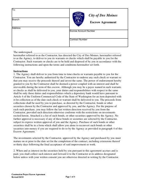 First page of the Construction Project Escrow Agreement