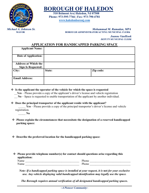 First page of the Application for Handicapped Parking Space