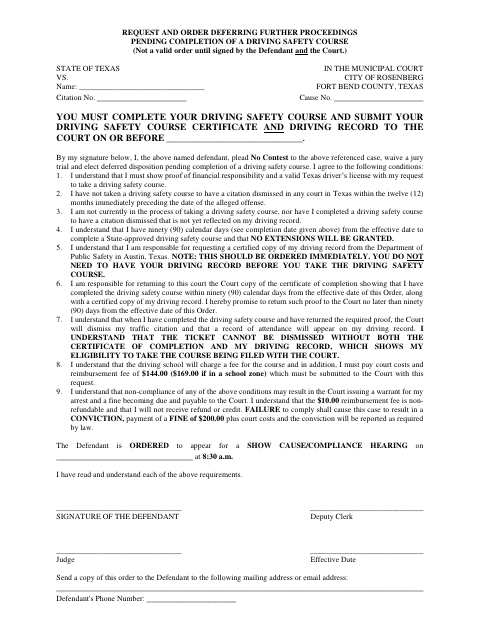 First page of the Driving Safety Course Deferral Request and Order