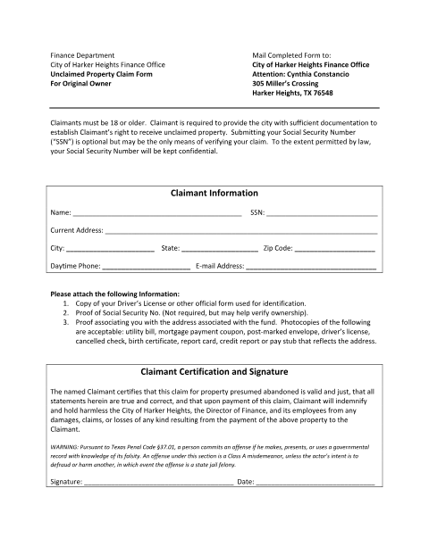 First page of the Unclaimed Property Claim Form for Individuals