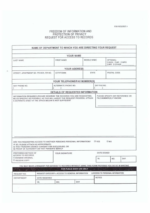 First page of the Freedom of Information Records Access Request