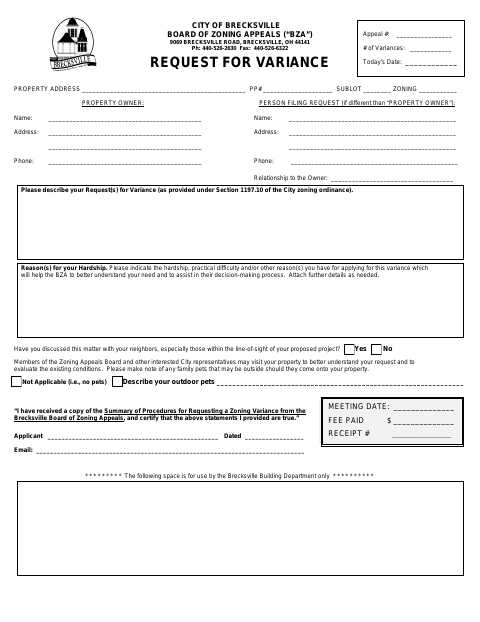 First page of the Request for Variance – Board of Zoning Appeals