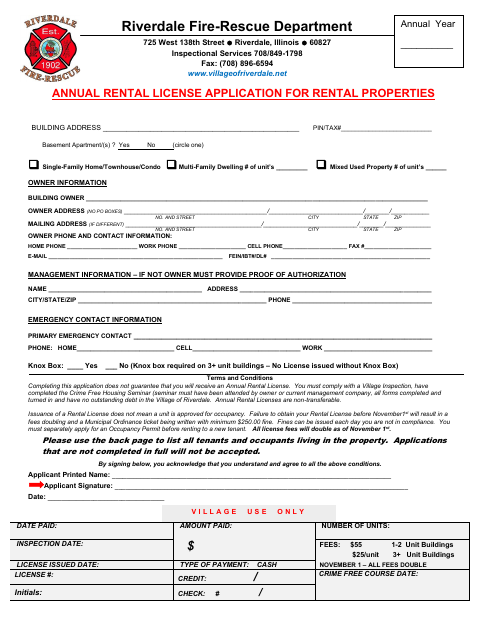 First page of the Annual Rental License Application for Rental Properties