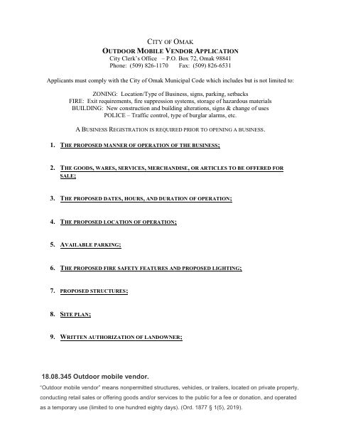 First page of the Outdoor Mobile Vendor Application