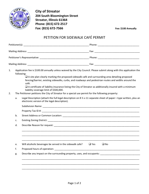 First page of the Petition for Sidewalk Cafe Permit