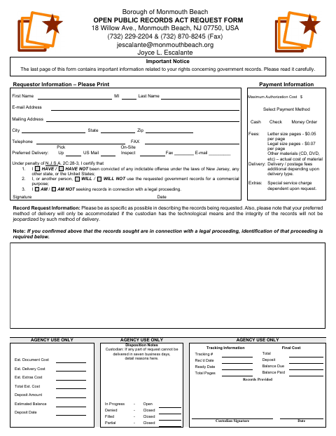 First page of the Open Public Records Act Request Form