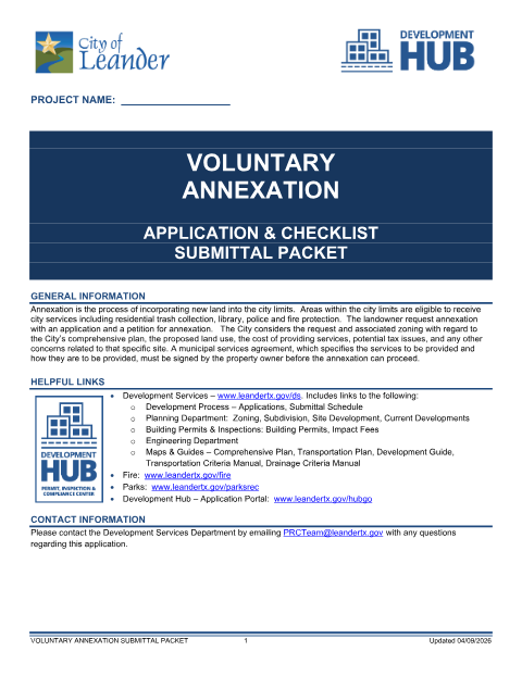 First page of the Voluntary Annexation Submittal Packet
