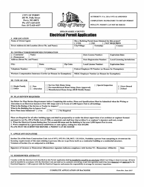 First page of the Electrical Permit Application