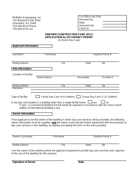 First page of the Occupancy Permit Application (In-Home Day Care)