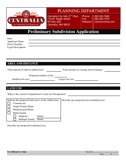 First page of the Preliminary Subdivision Application