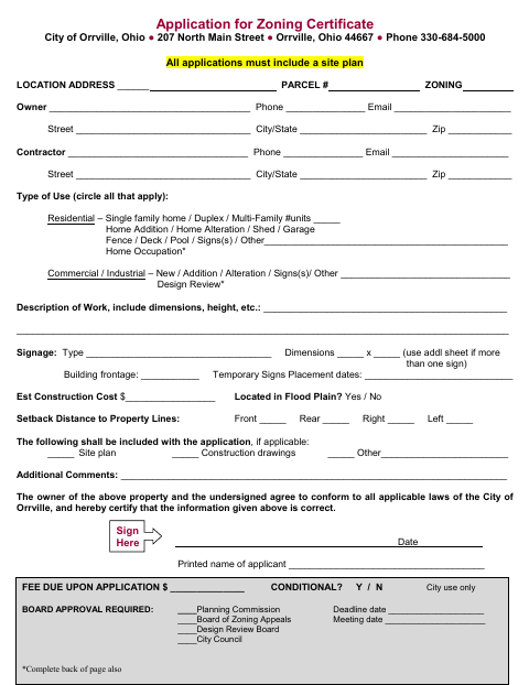 First page of the Application for Zoning Certificate
